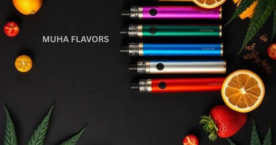 Muha flavors collection showing colorful Muha Meds disposable vape pens surrounded by fresh tropical fruits on dark background