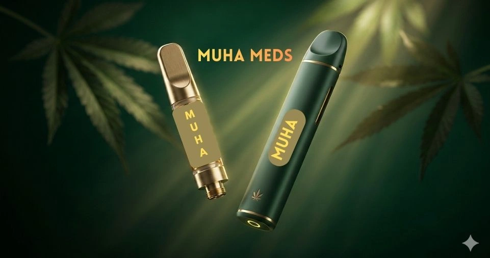 Muha Meds cannabis cartridge and disposable vape device with MUHA branding on emerald green background — premium THC products at licensed dispensaries